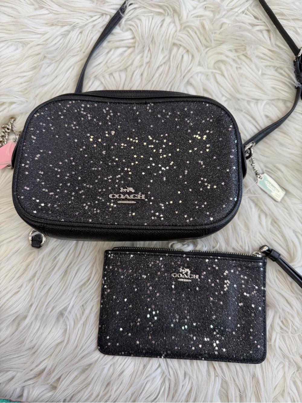 Coach Black Glitter Star Crossbody with Matching Zip Pouch